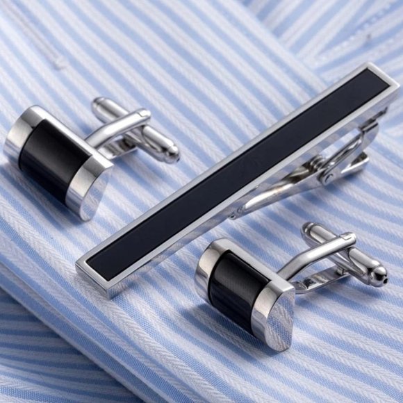 Stainless Steel Cuff Links Tie Clip Set - Picture 1 of 5